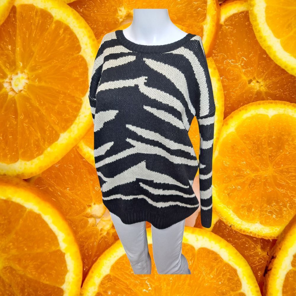 Lucca Couture Zebra‎ Print Black White Knit Sweater Animal Pattern Pullover